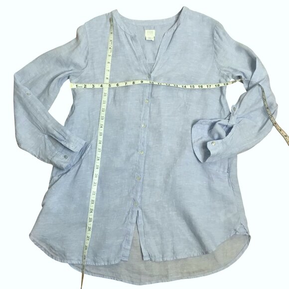 SIGRID OLSEN Linen Tunic Blouse Blue Button Front Long Tab Sleeve Pockets Sz M - Picture 5 of 8